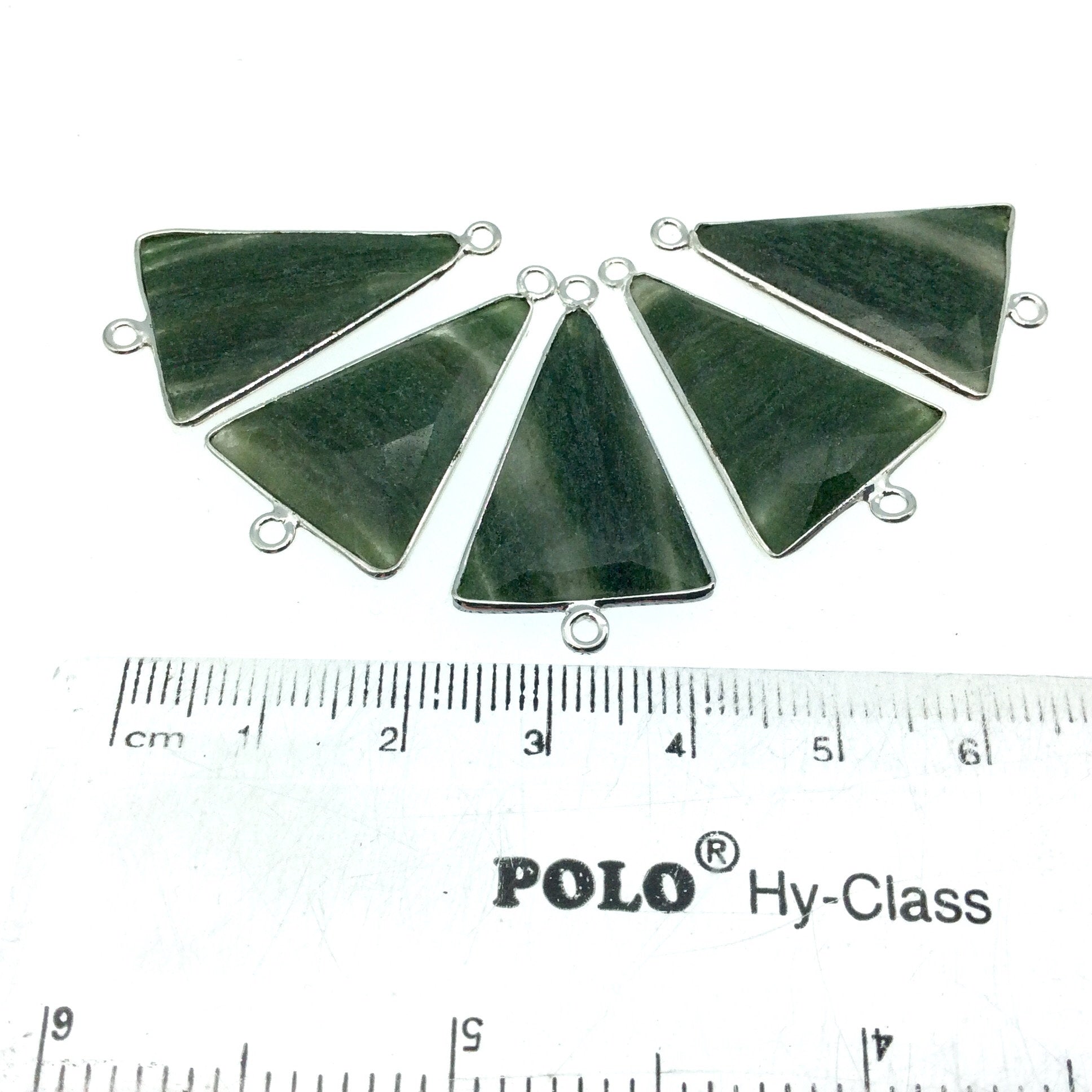 Silver Finish Faceted Green Aventurine Triangle Shaped Bezel Pendant Component - Measuring 18mm x 25mm - Natural Semi-precious Gemstone