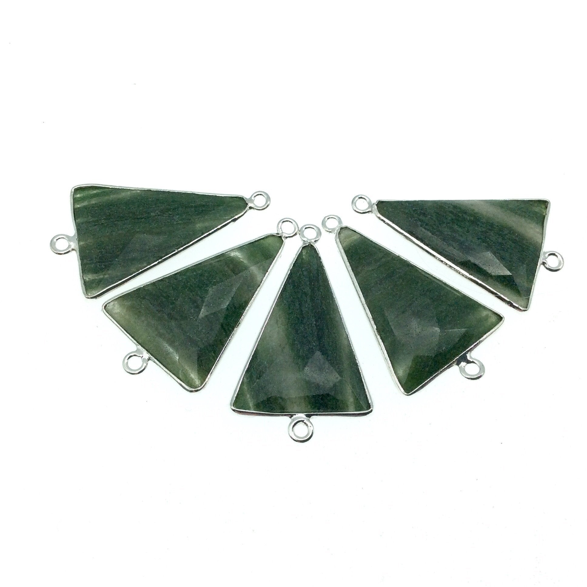 Silver Finish Faceted Green Aventurine Triangle Shaped Bezel Pendant Component - Measuring 18mm x 25mm - Natural Semi-precious Gemstone