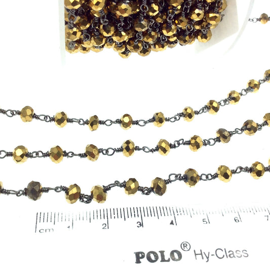 Gunmetal Plated Copper Rosary Chain with 6mm Faceted Opaque AB Metallic Gold Glass Crystal Beads - Sold by the Foot! - Beaded Chain