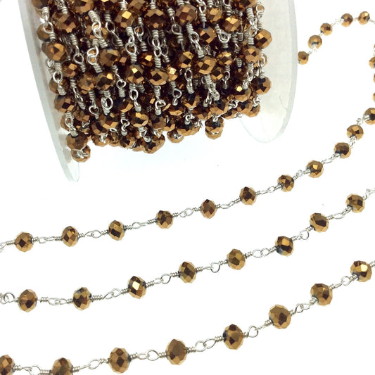 Silver Plated Copper Rosary Chain with 6mm Faceted Opaque Ab Metallic Bronze Glass Crystal Beads - Sold by the Foot! - Beaded Chain