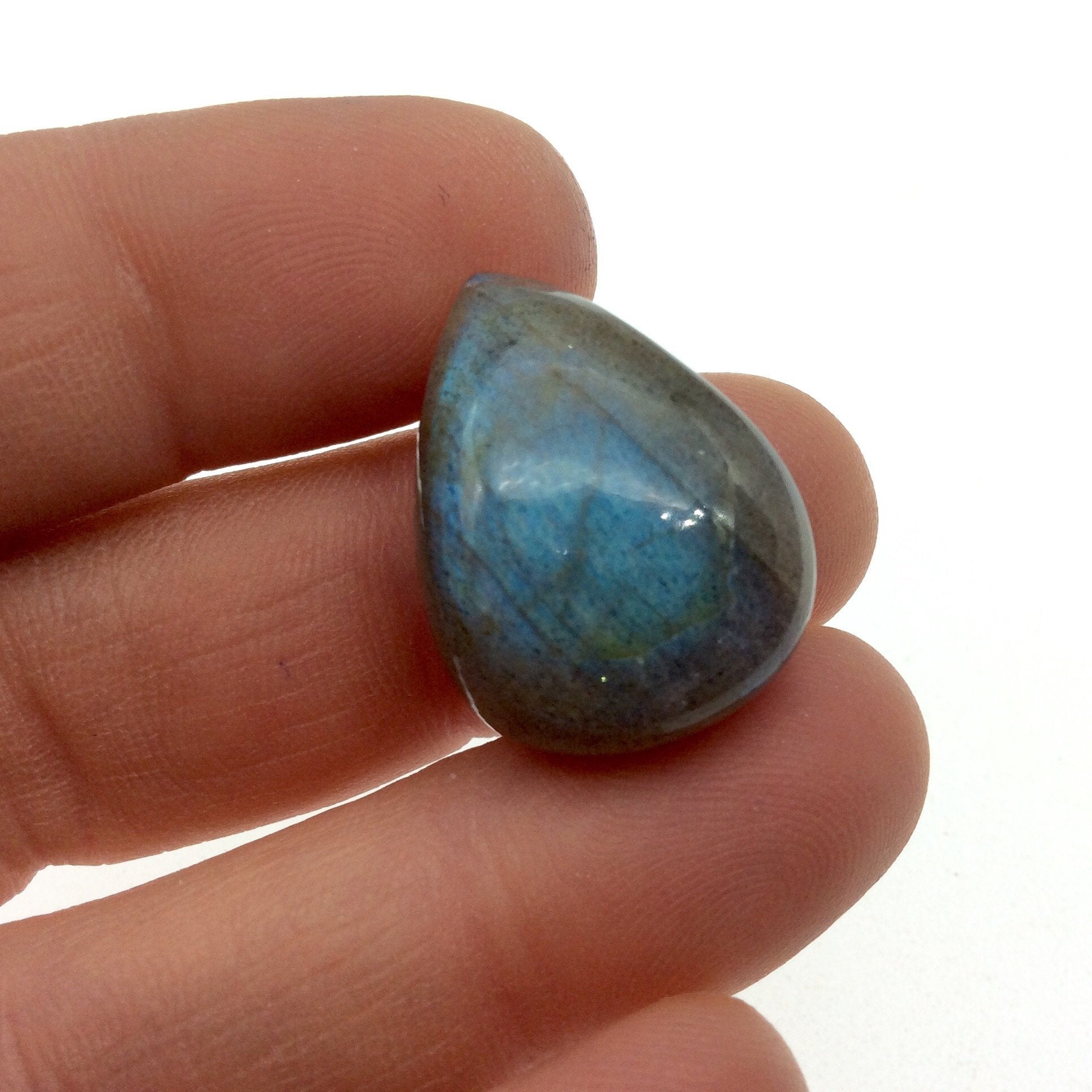 AAA Teardrop Shaped Iridescent Green/Blue Labradorite Flat Back Cabochon - Measuring 18mm x 24mm, 7.8mm Dome Height - Natural Gemstone Cab