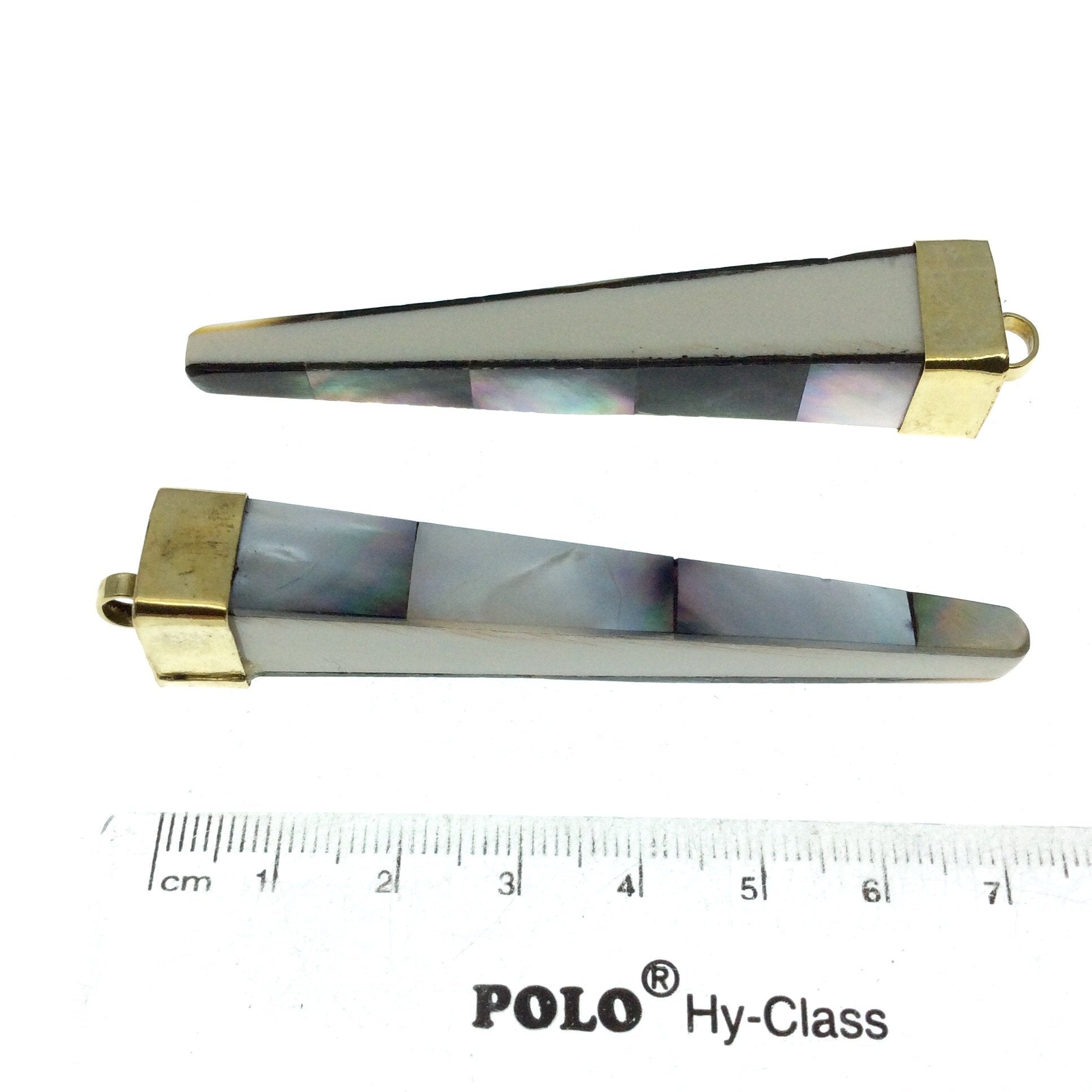 2.75" Iridescent Gray Natural Abalone Shell Double Side Inlaid Rectangular Pointed Spike Shaped Pendant with Gold Cap-Measuring 15mm x 75mm