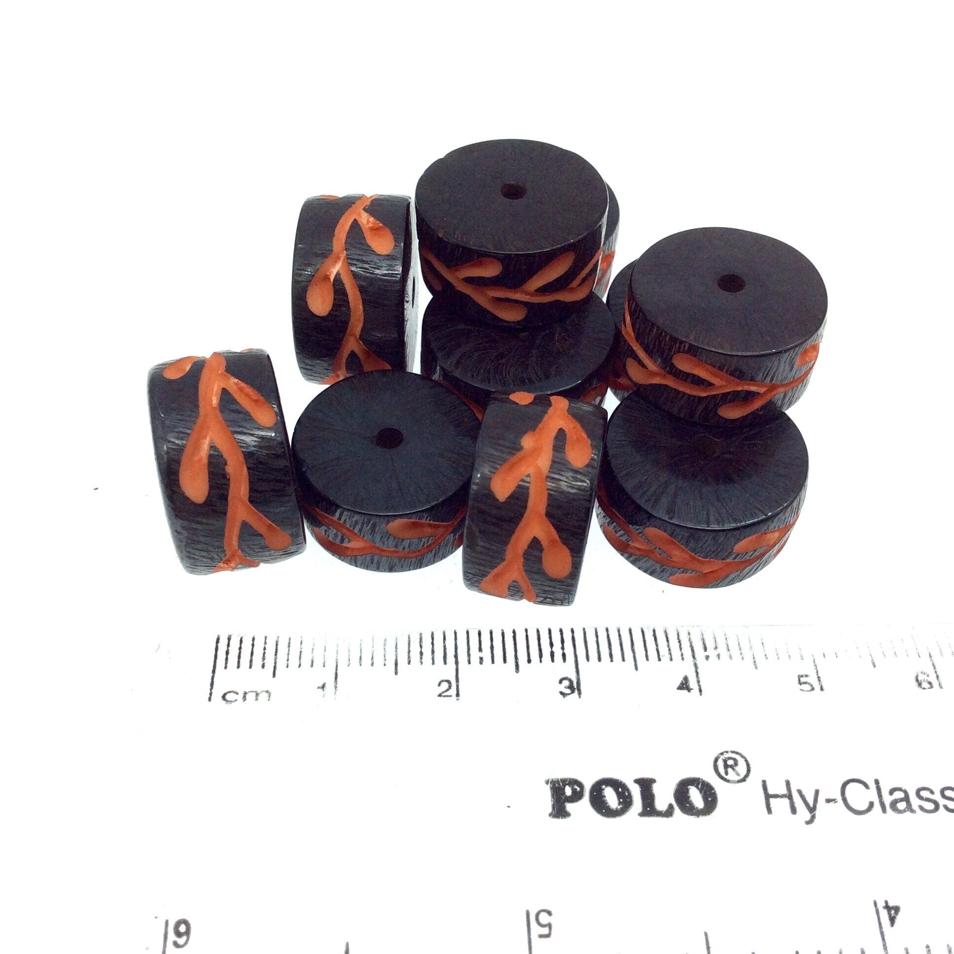 Hand-Carved Orange Colored Vine - Heishi Shaped Resin Bead - 10mm x 18mm approx - Sold by Packs Of Ten (10)