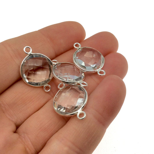 BULK PACK of Six (6) Gold Sterling Silver Pointed/Cut Stone Faceted Round/Coin Shaped Clear Quartz Bezel Connectors - Measuring 6 x 6mm