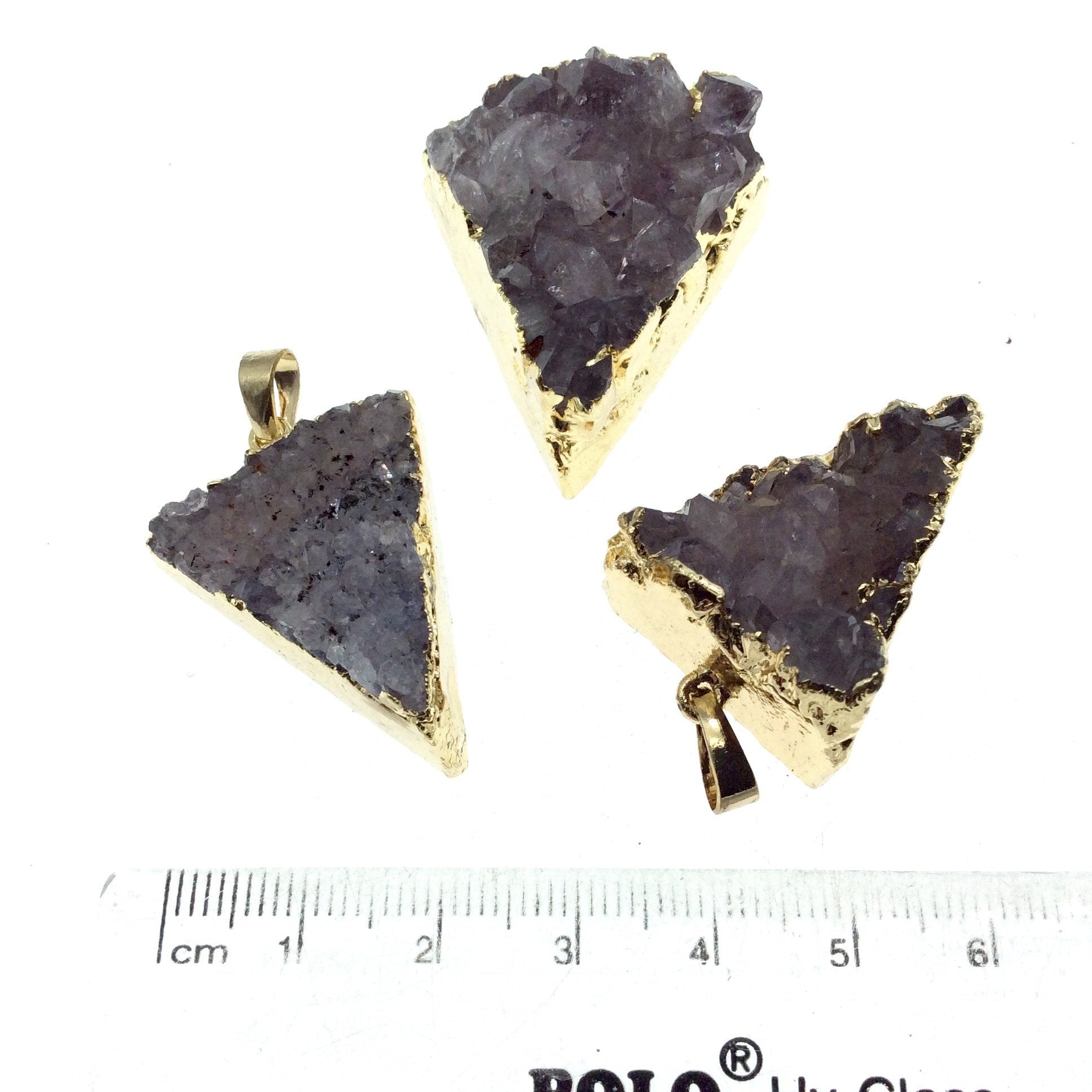 Gold Finish Electroplated Natural Amethyst Triangle Pendant - Measuring 25mm x 30mm, Approx. - Sold Individually, Random