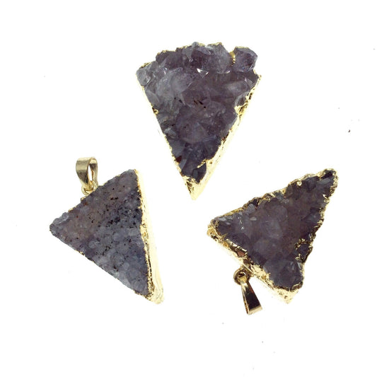 Gold Finish Electroplated Natural Amethyst Triangle Pendant - Measuring 25mm x 30mm, Approx. - Sold Individually, Random