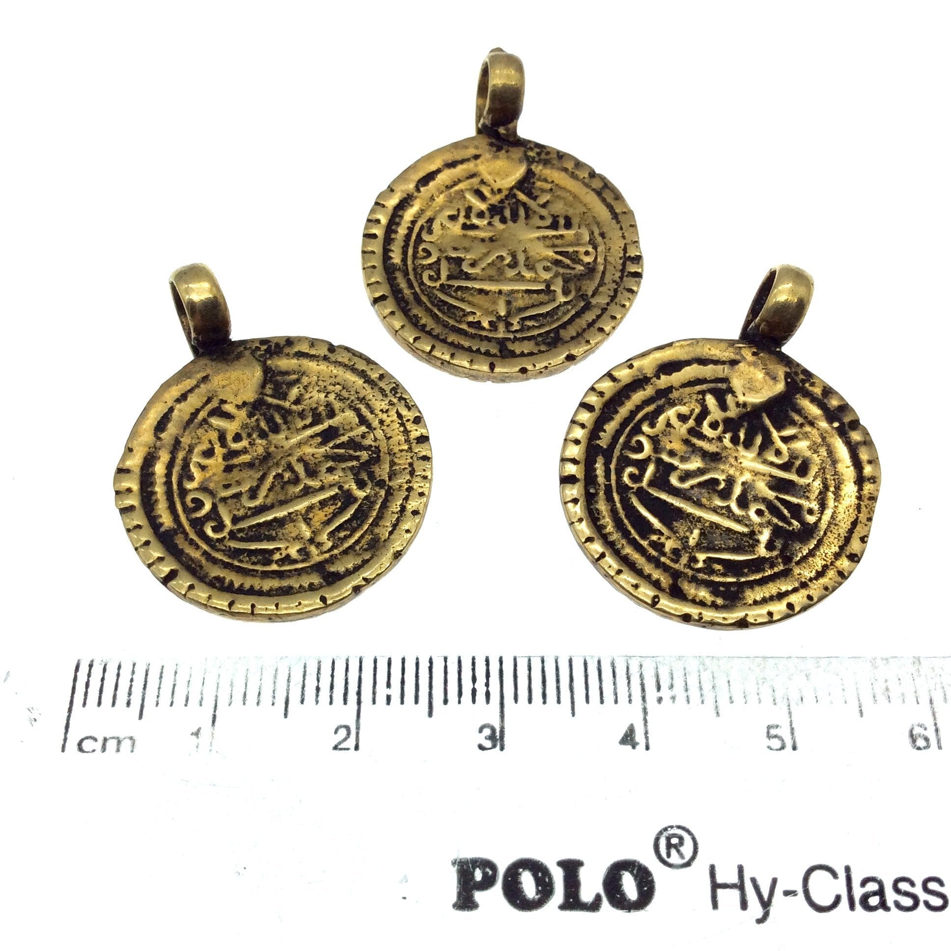 1" Oxidized Gold Plated Rustic Cast Abstract Symbols Design Copper Round/Disc Pendant W Attached Ring  - 25mm Diameter, Approximately