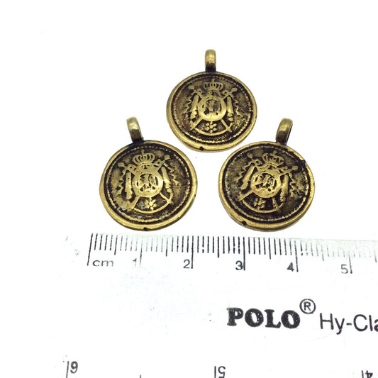 3/4" Oxidized Gold Plated Rustic Cast Coat-of-Arms Design Copper Round/Disc Pendant W Attached Ring  - 18mm Diameter, Approximately
