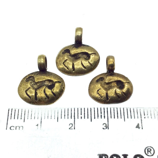 10mm x 15mm Oxidized Gold Plated Rustic Cast Galloping Horse/Gazelle Icon Copper Oval Shape Pendant w Attached Ring  - Sold Individually