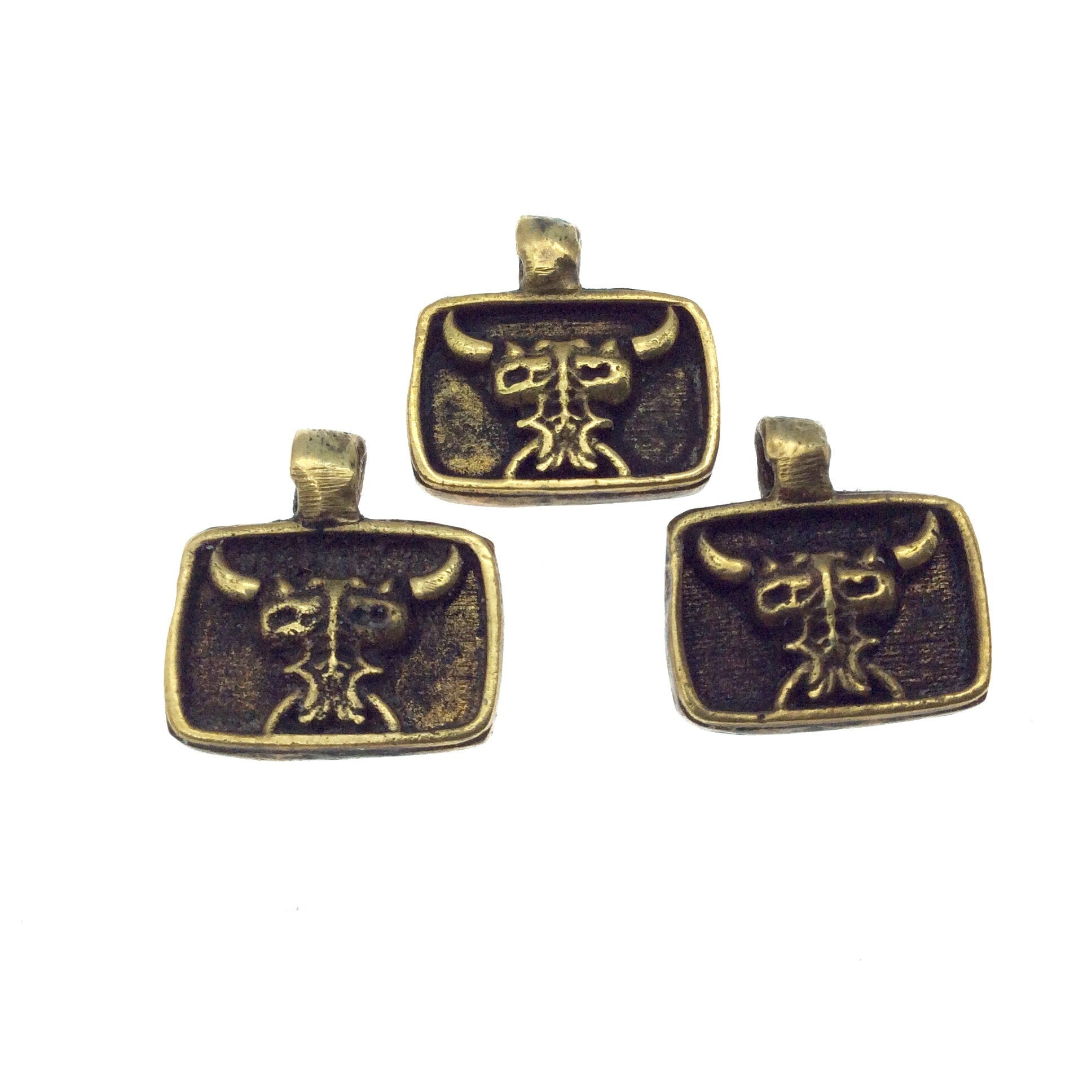 11mm x 15mm Oxidized Gold Plated Rustic Cast Bull/Dragon Icon Copper Rectangle Shaped Pendant with Attached Ring  - Sold Individually! (K-3)