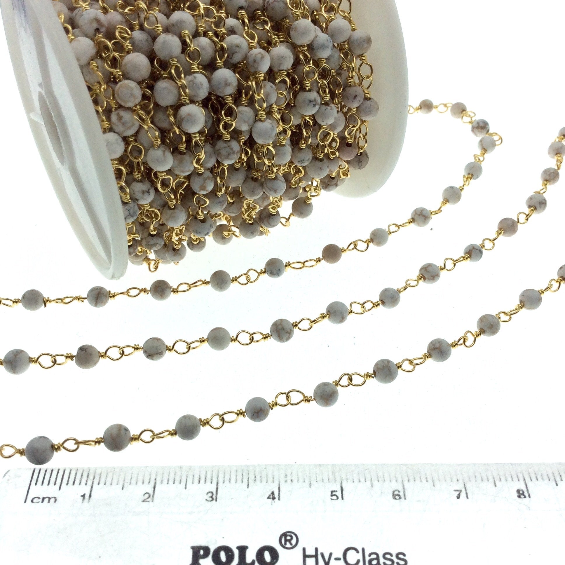 Guold Plated Copper Rosary Chain with 4mm Smooth Round Shaped White Buffalo Turquoise Beads - Sold by the Foot! - Natural Beaded Chain