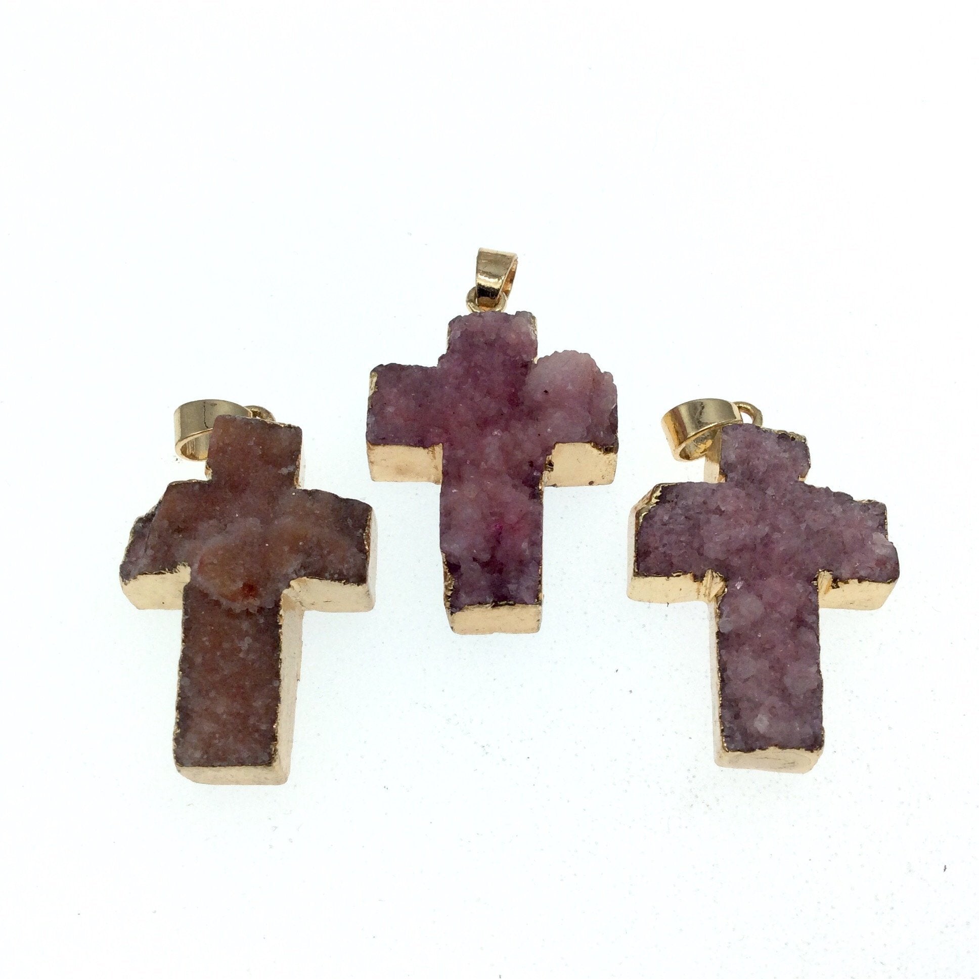 Gold Plated Cross Shaped Pink Druzy Focal Pendant - Measuring 22mm x 30mm Approx. - Natural Stone Pendant - Sold Individually/Random