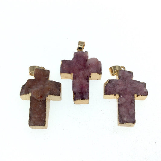 Gold Plated Cross Shaped Pink Druzy Focal Pendant - Measuring 22mm x 30mm Approx. - Natural Stone Pendant - Sold Individually/Random