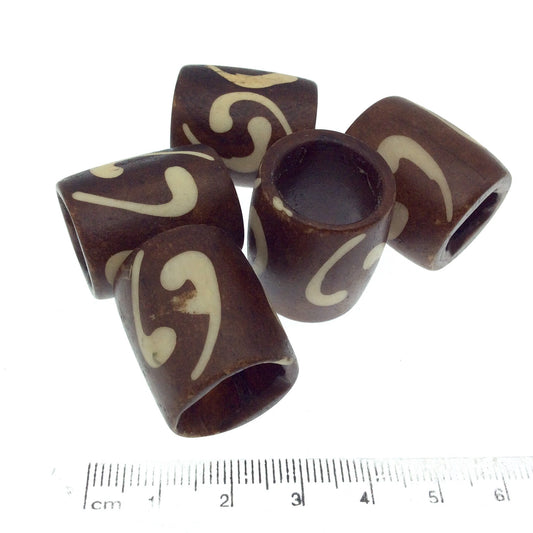 Handcrafted Artistic Barrel Bone Beads | Light Brown with Off White Comma Design | 22mm x 25mm with 15mm hole approx. - Sold in Packs of 5