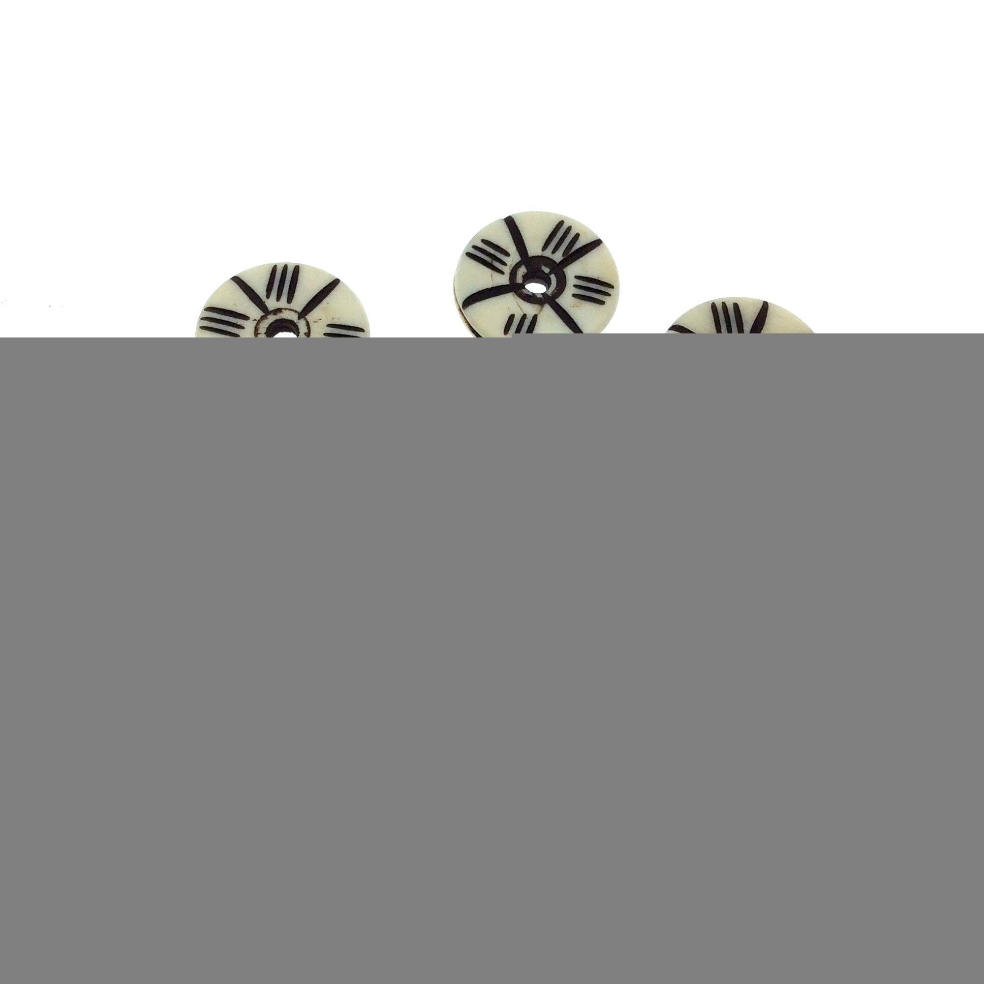 18mm Handcrafted Artistic Bone Beads - White/Ivory Heishi Bead with Black Carvings - 3.5mm Thick with 2.5mm Holes - Sold in Packs Of 10