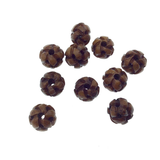 Bone Beads - 12mm Brown Handcrafted Artistic Basket Woven Design