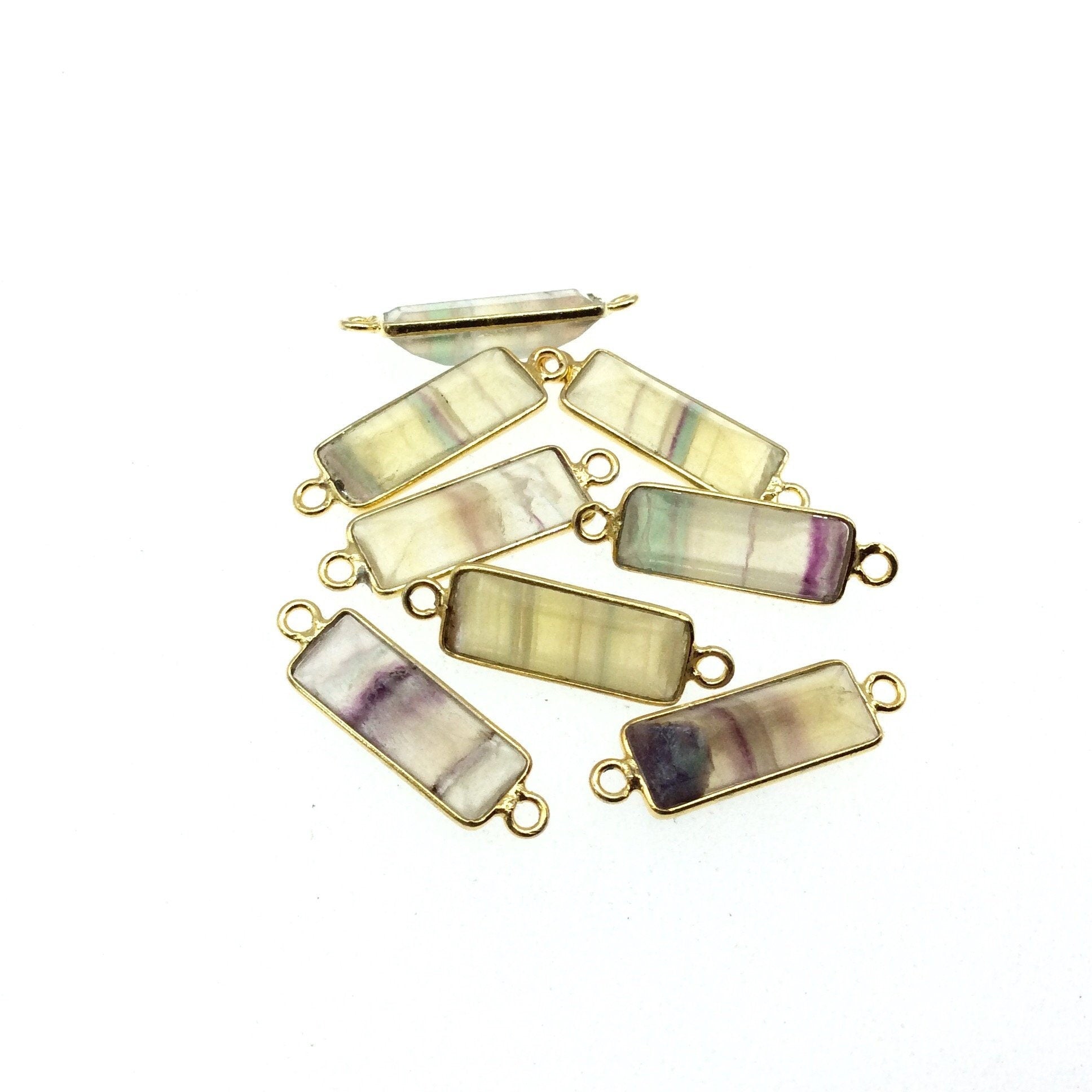 Yellow Fluorite Bezel | Gold Vermeil Faceted Cut Stone Rectangle Shaped Bezel Connector - Measuring 5mm x 15mm - Sold Per Piece