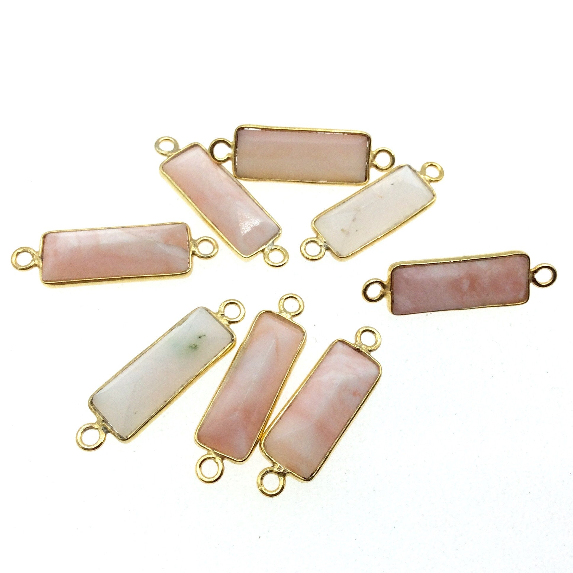 Gold Vermeil Faceted Cut Stone Rectangle Shaped Pink Opal Bezel Connector - Measuring 5mm x 15mm - Sold Per Piece