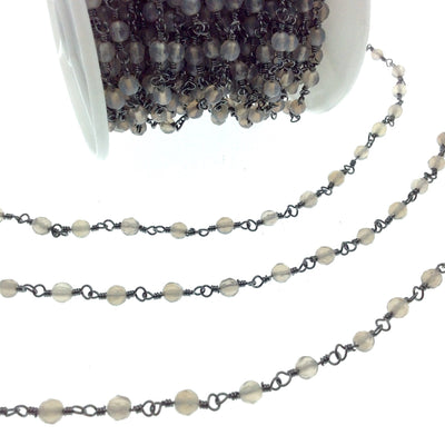 Gunmetal Plated Copper Rosary Chain with Faceted 4mm Round Shape Gray Agate Beads (CH218-GM) - Sold by the Foot! - Natural Beaded Chain