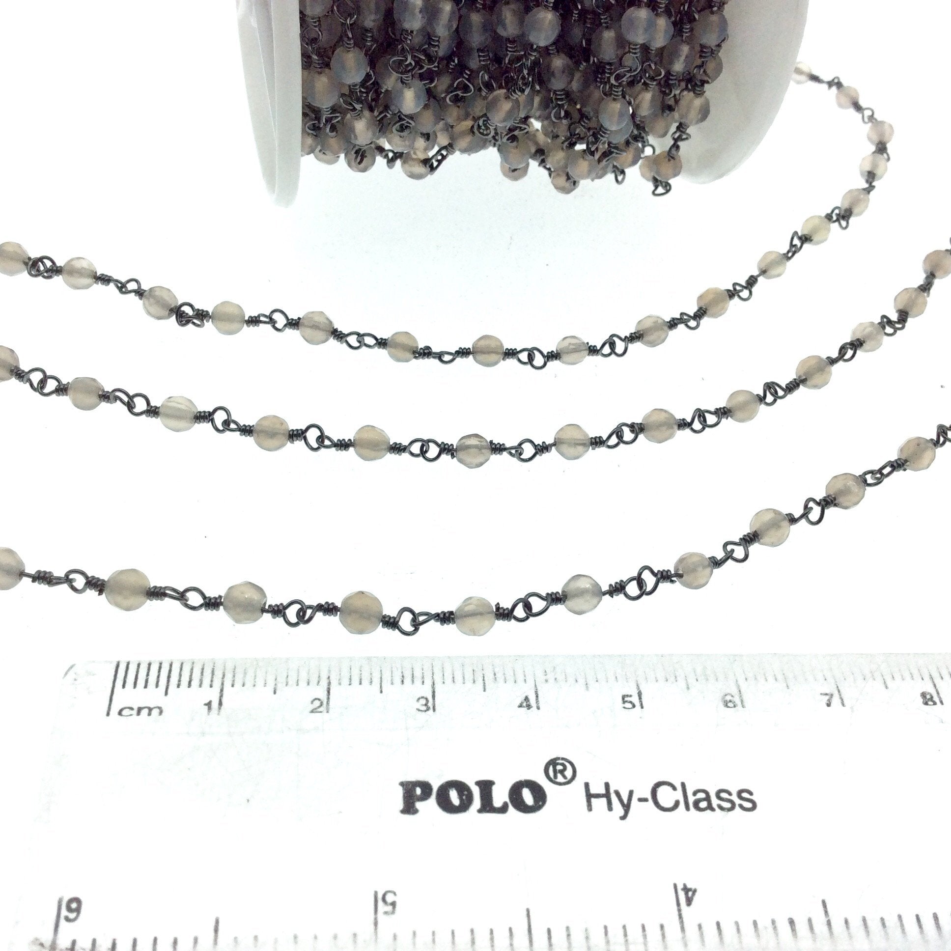 Gunmetal Plated Copper Rosary Chain with Faceted 4mm Round Shape Gray Agate Beads (CH218-GM) - Sold by the Foot! - Natural Beaded Chain