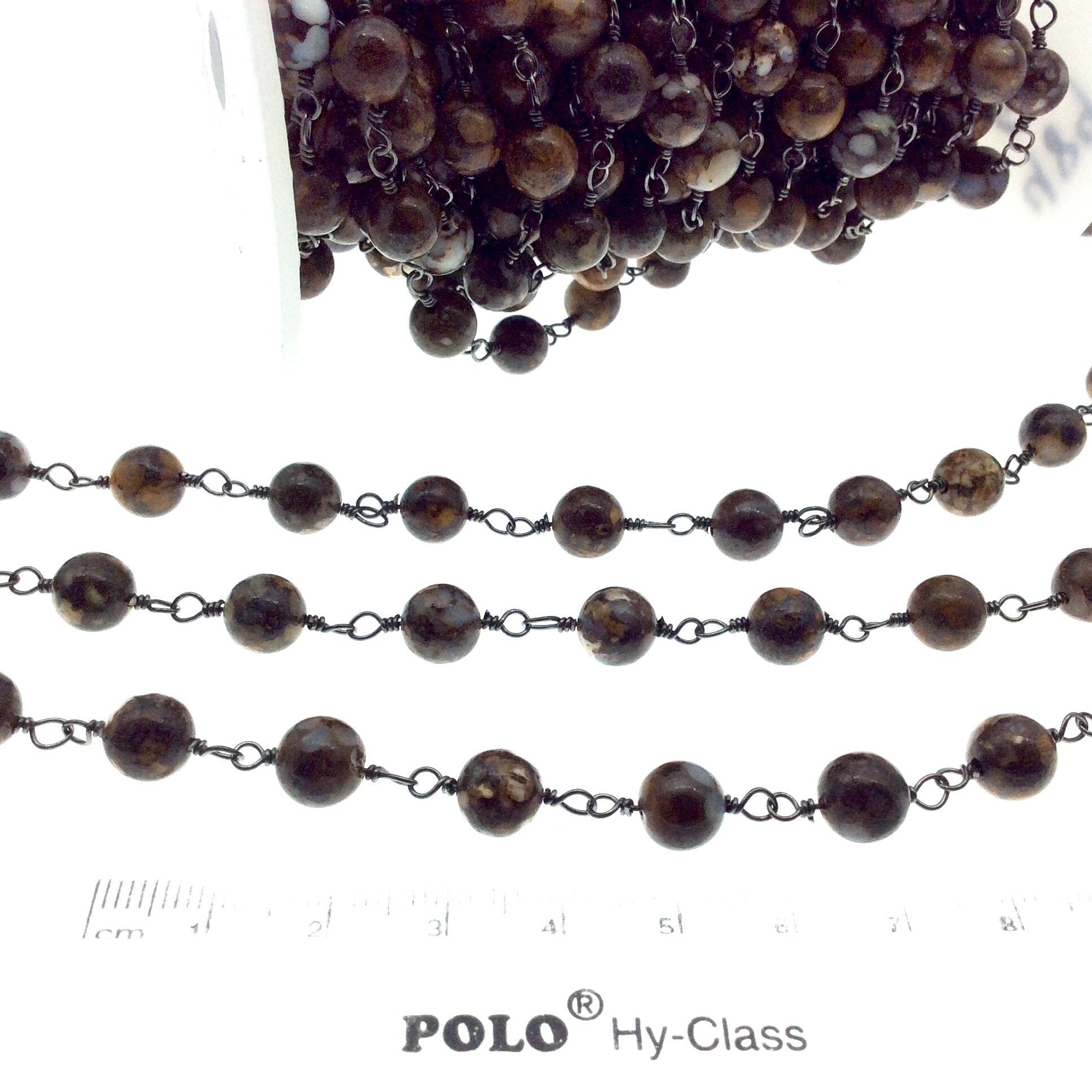 Gunmetal Plated Copper Wrapped Rosary Chain with 8mm Smooth Fire Lace Agate Round Shaped Beads - Sold by the foot!