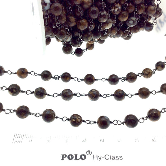 Gunmetal Plated Copper Wrapped Rosary Chain with 8mm Smooth Fire Lace Agate Round Shaped Beads - Sold by the foot!