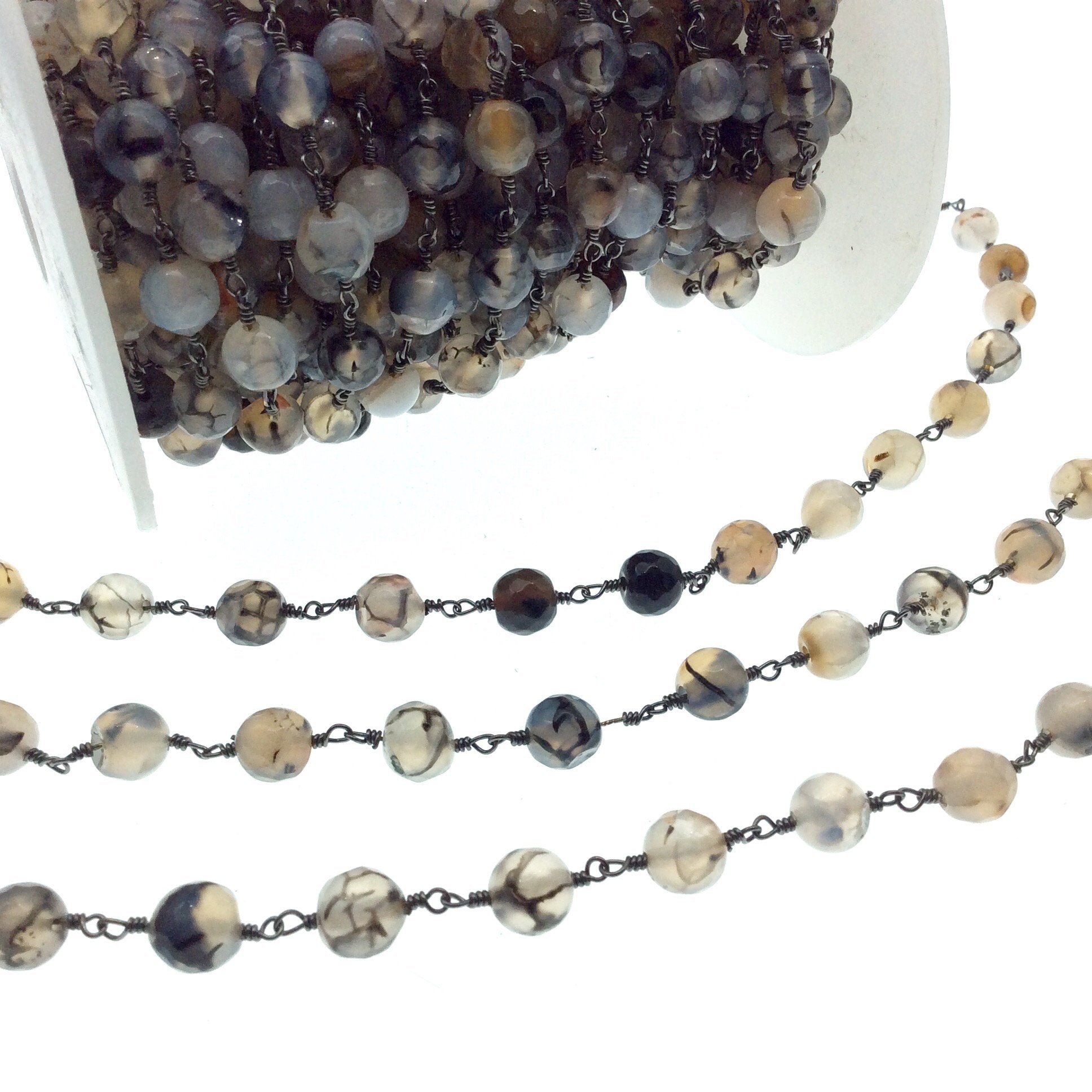 Gunmetal Plated Copper Wrapped Rosary Chain with 8mm Faceted Dragon Vein Gray Agate Round Shaped Beads - Sold by the foot!