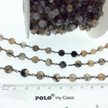 Gunmetal Plated Copper Wrapped Rosary Chain with 8mm Faceted Dragon Vein Gray Agate Round Shaped Beads - Sold by the foot!