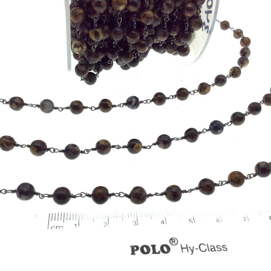 Gunmetal Plated Copper Rosary Chain with 6mm Round Fire Lace Agate Beads - Sold by the Foot! (CH340-GM) - Natural Semi-Precious Beaded Chain