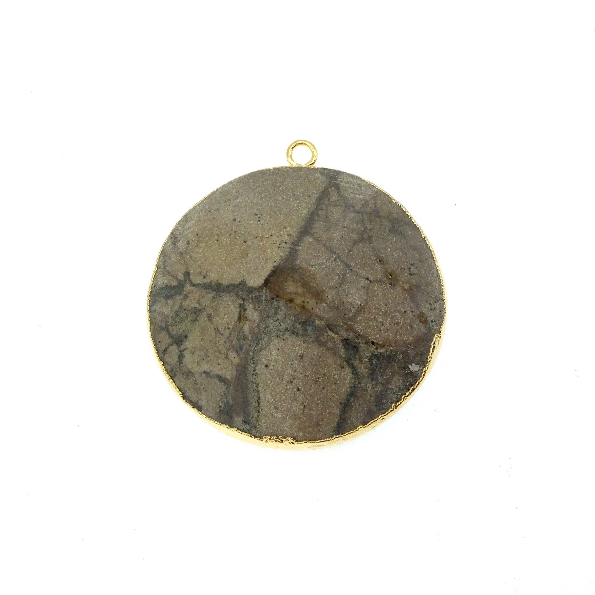 Large Gold Electroplated Eagle Eye Agate Faceted Round/Coin Shaped Pendant - Measures 35-40mm approx. - Sold Individually, Random