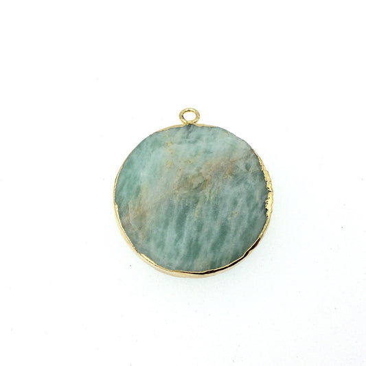 Medium Gold Electroplated Natural Amazonite Faceted Round/Coin Shaped Pendant - Measures 30mm x 30mm approx. - Sold Individually, Random