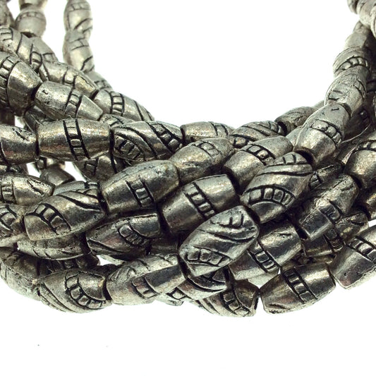 Silver Finish Twisted Barrel Pattern Pewter Beads - 10" Strand (Approximately 26 Beads) - Measuring 4mm x 8mm, Approx. - 2mm Hole Size