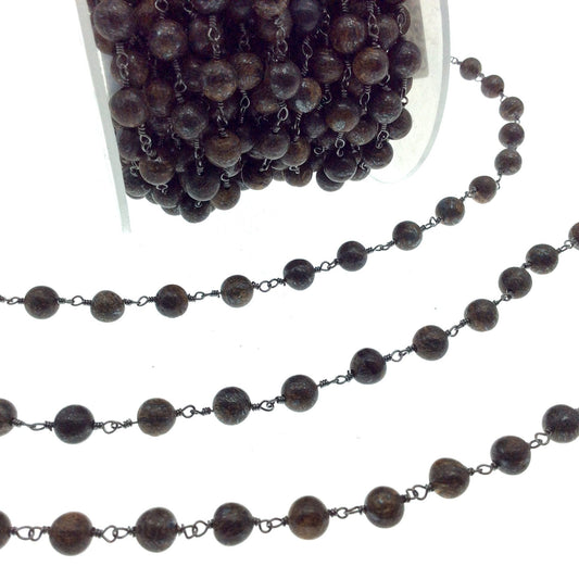 Gunmetal Plated Copper Rosary Chain with 6mm Smooth Round Shaped Bonzite Beads - Sold by the Foot! - Natural Beaded Chain