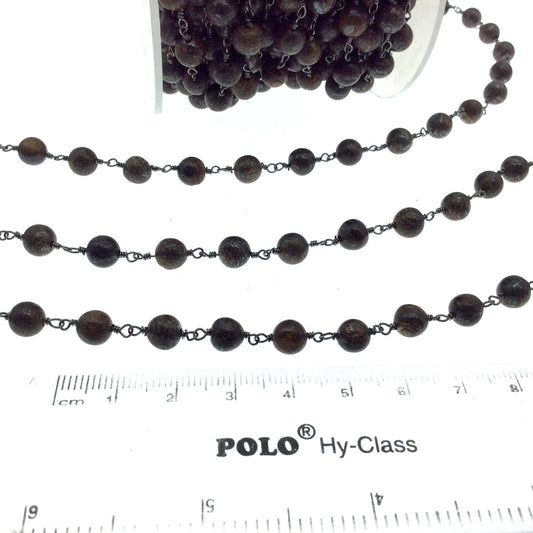 Gunmetal Plated Copper Rosary Chain with 6mm Smooth Round Shaped Bonzite Beads - Sold by the Foot! - Natural Beaded Chain