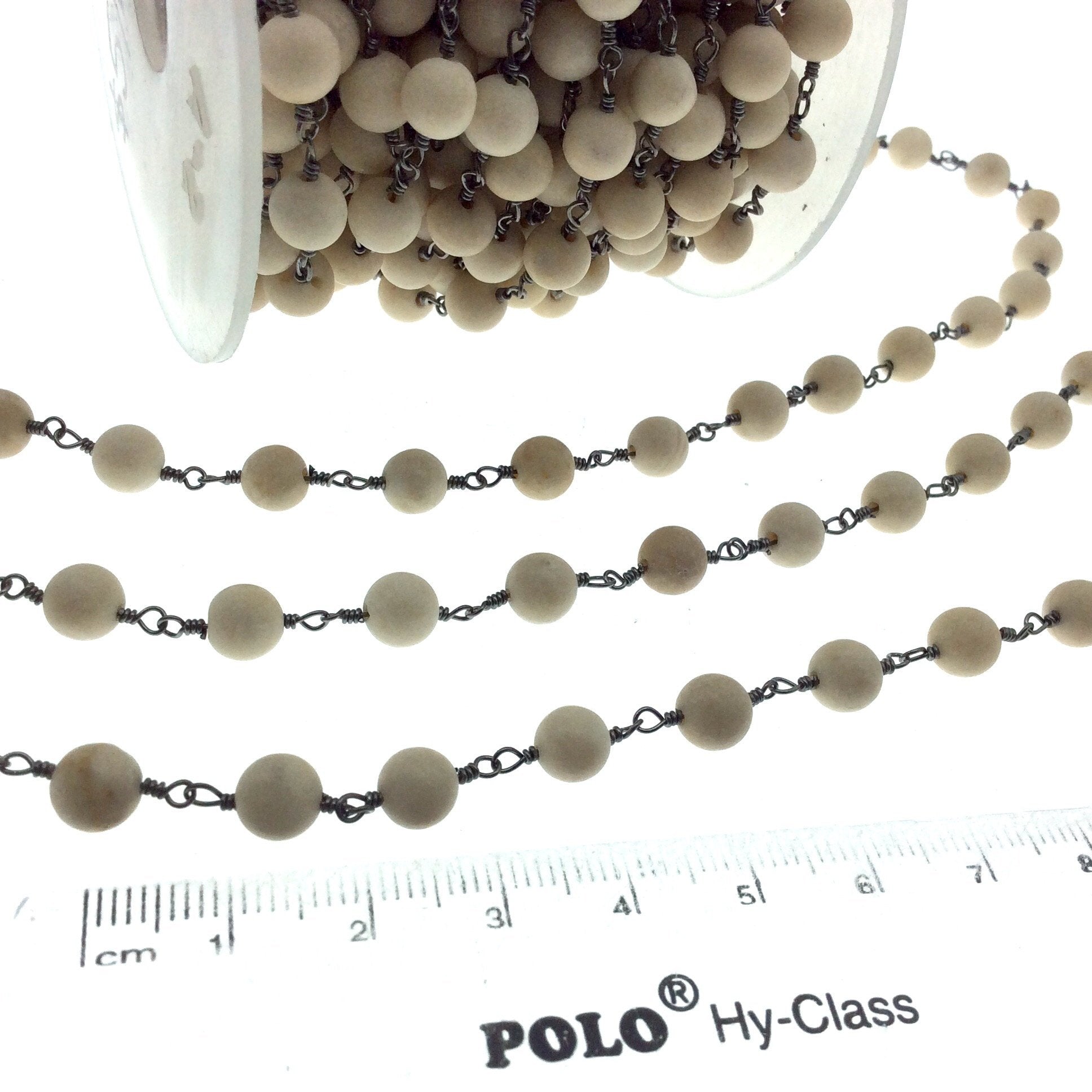 Gunmetal Plated Copper Wrapped Rosary Chain with 6mm Matte Natural Cream River Stone Round Shaped Beads - Sold by the foot! (CH310-GM)