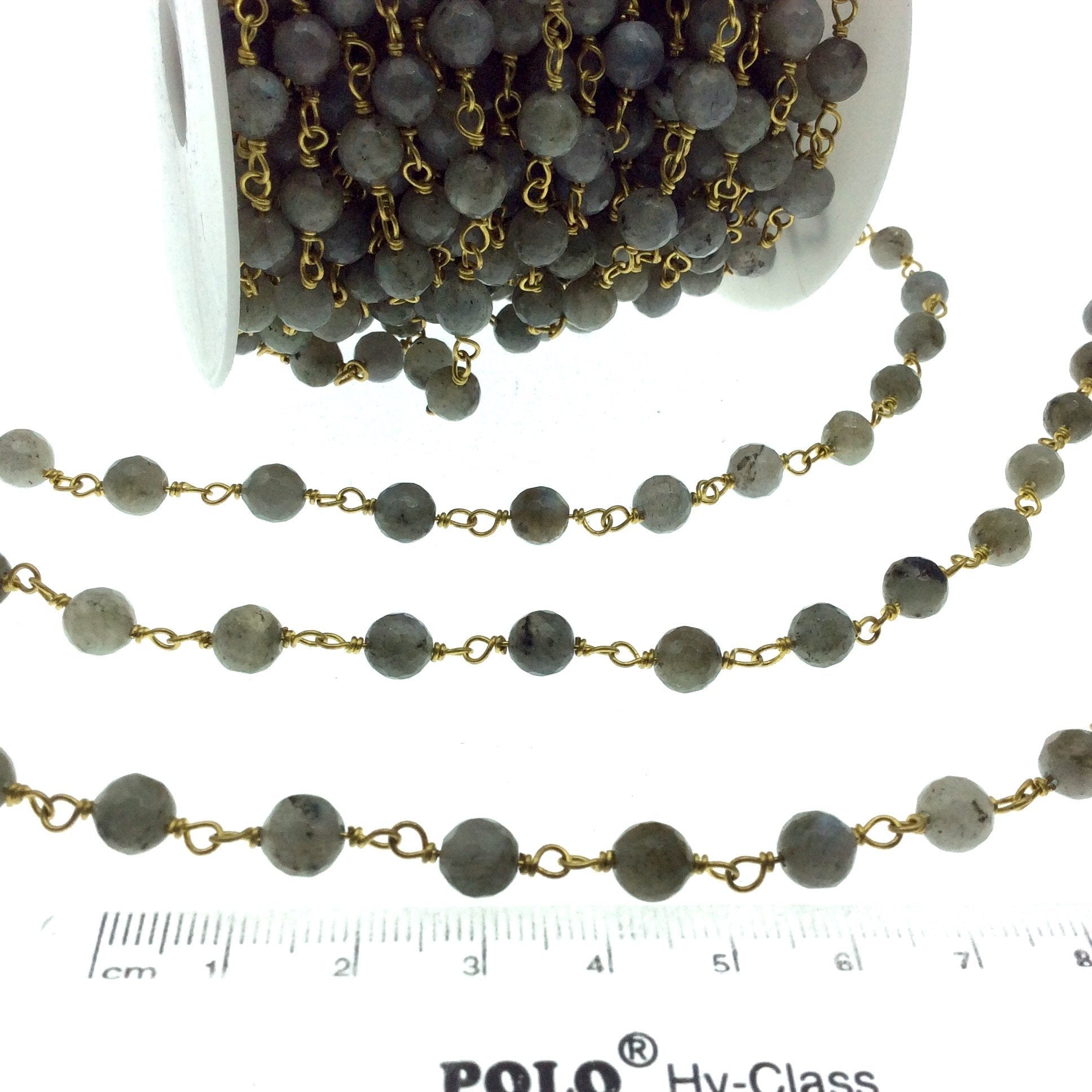 Gold Plated Copper Wrapped Rosary Chain with 6mm Faceted Natural Iridescent Labradorite Round Shaped Beads - Sold by the foot! (CH317-GD)