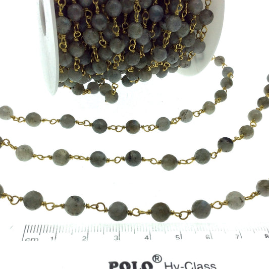 Gold Plated Copper Wrapped Rosary Chain with 6mm Faceted Natural Iridescent Labradorite Round Shaped Beads - Sold by the foot! (CH317-GD)