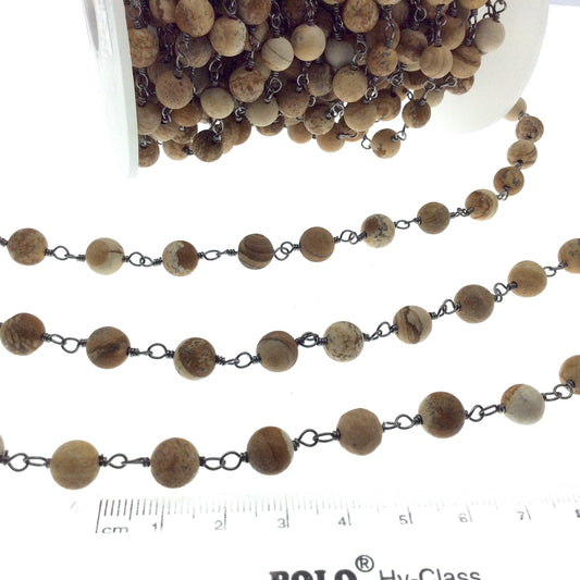 Gunmetal Plated Copper Wrapped Rosary Chain with 8mm Smooth Natural Picture Jasper Round Shaped Beads - Sold by the Foot! (CH410-GM)!