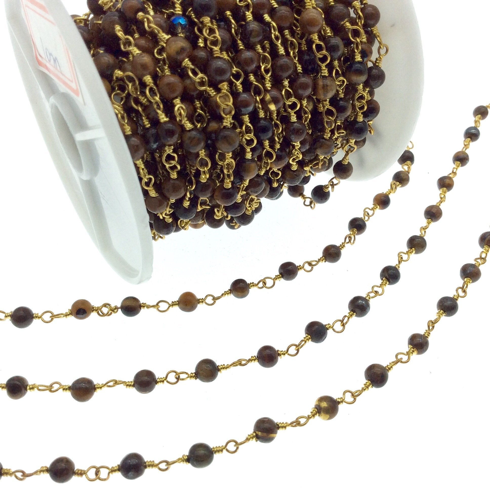 Gold Plated Copper Rosary Chain with 4mm Round Tiger Eye Beads - Sold by the Foot! (CH211-GD) - Natural Semi-Precious Beaded Chain