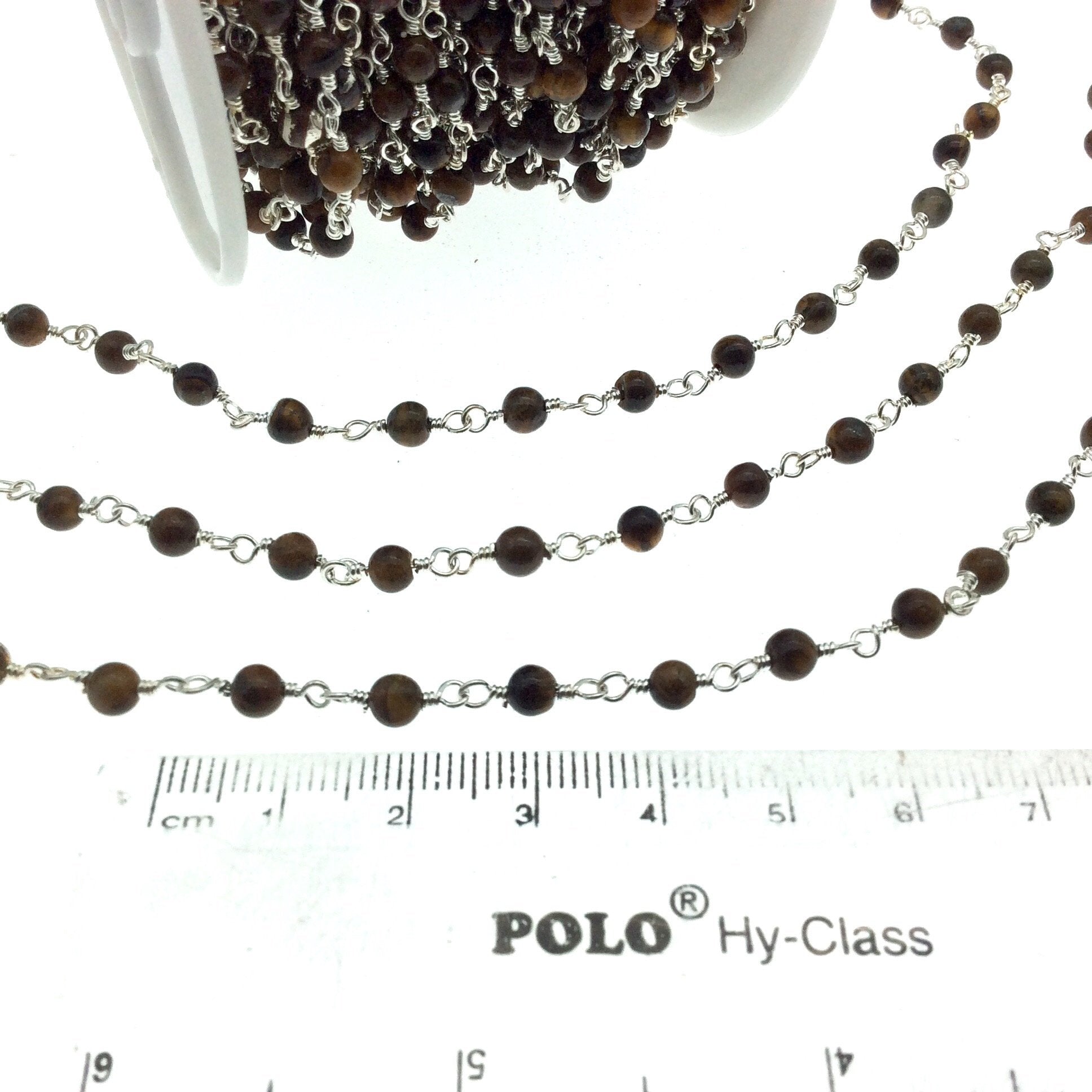 Silver Plated Copper Rosary Chain with 4mm Matte Round Tiger Eye Beads - Sold by the Foot! (CH212-SV) - Natural Semi-Precious Beaded Chain