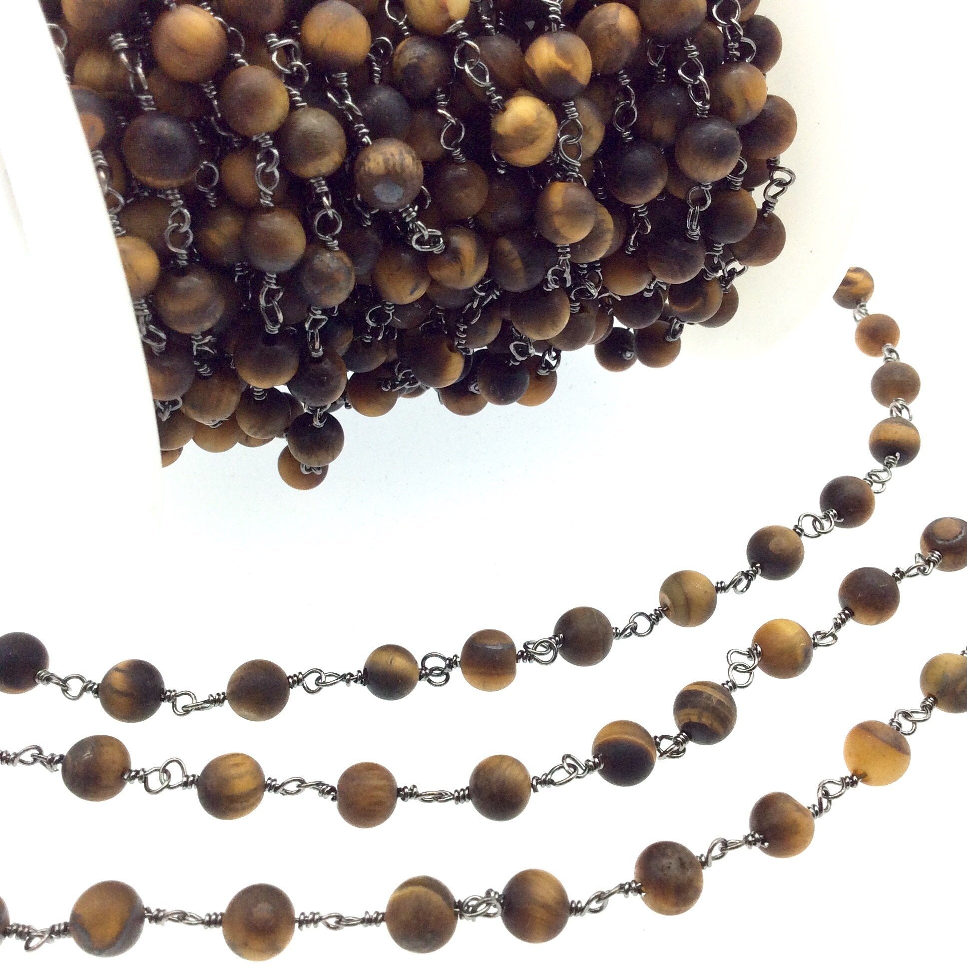 Gunmetal Plated Copper Rosary Chain with 6mm Matte Round Tiger Eye Beads - Sold by the Foot! (CH298-GM) - Semi-Precious Beaded Chain