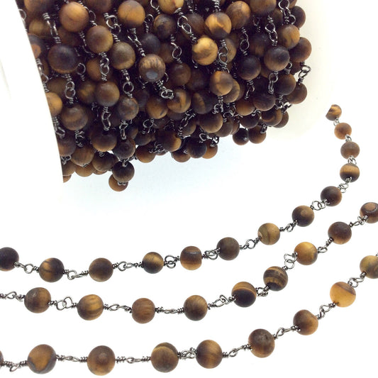 Gunmetal Plated Copper Rosary Chain with 6mm Matte Round Tiger Eye Beads - Sold by the Foot! (CH298-GM) - Semi-Precious Beaded Chain