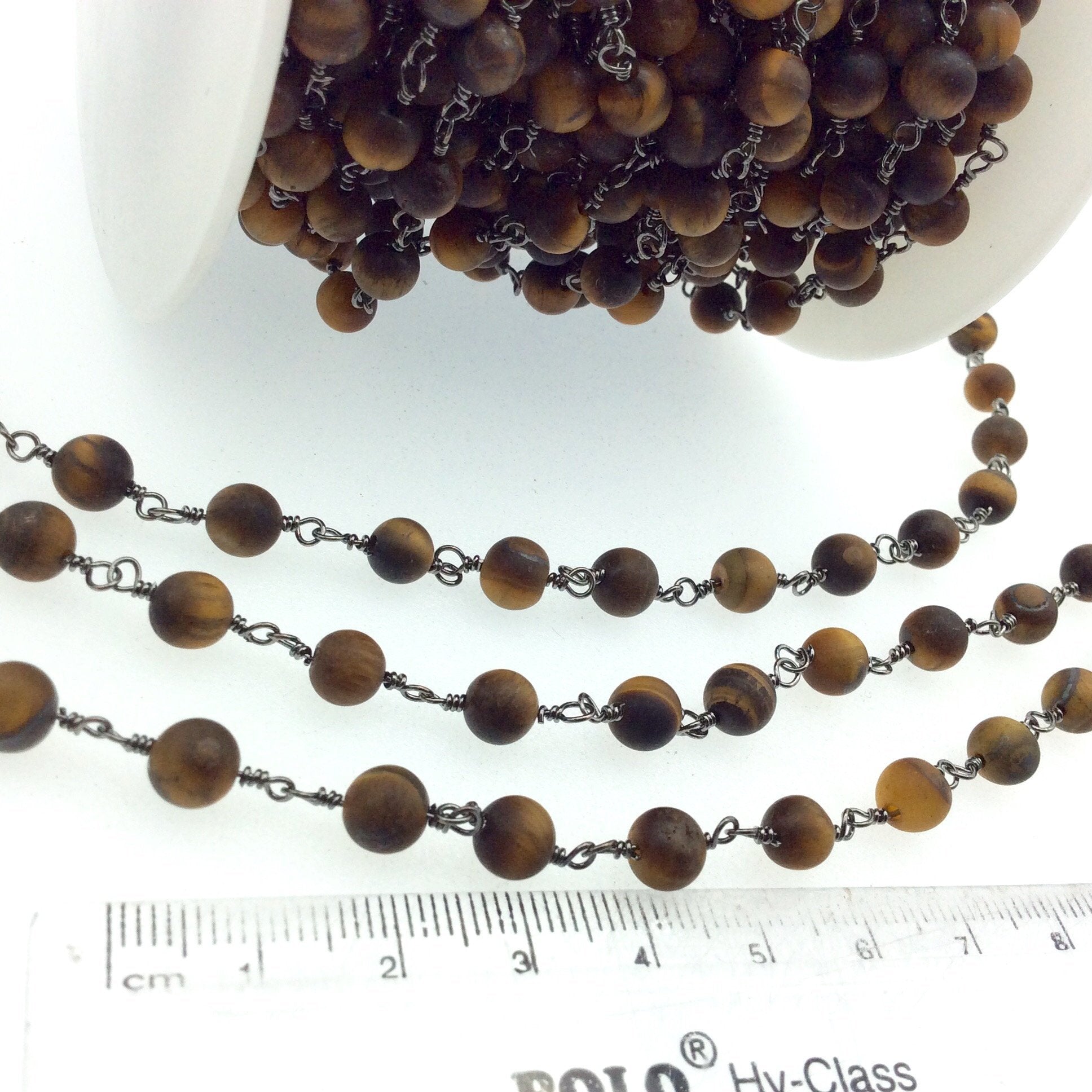 Gunmetal Plated Copper Rosary Chain with 6mm Matte Round Tiger Eye Beads - Sold by the Foot! (CH298-GM) - Semi-Precious Beaded Chain