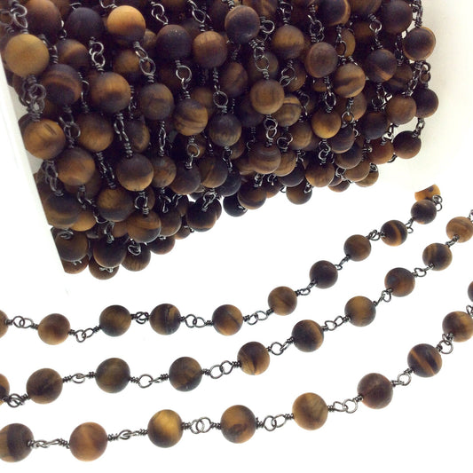 Gunmetal Plated Copper Rosary Chain with 8mm Matte Round Tiger Eye Beads - Sold by the Foot! (CH400-GM) - Semi-Precious Beaded Chain