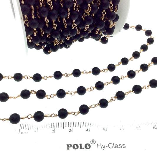 Gold Plated Copper Wrapped Rosary Chain with 6mm Matte Finish Black Agate Round Shaped Beads - Sold by the foot!