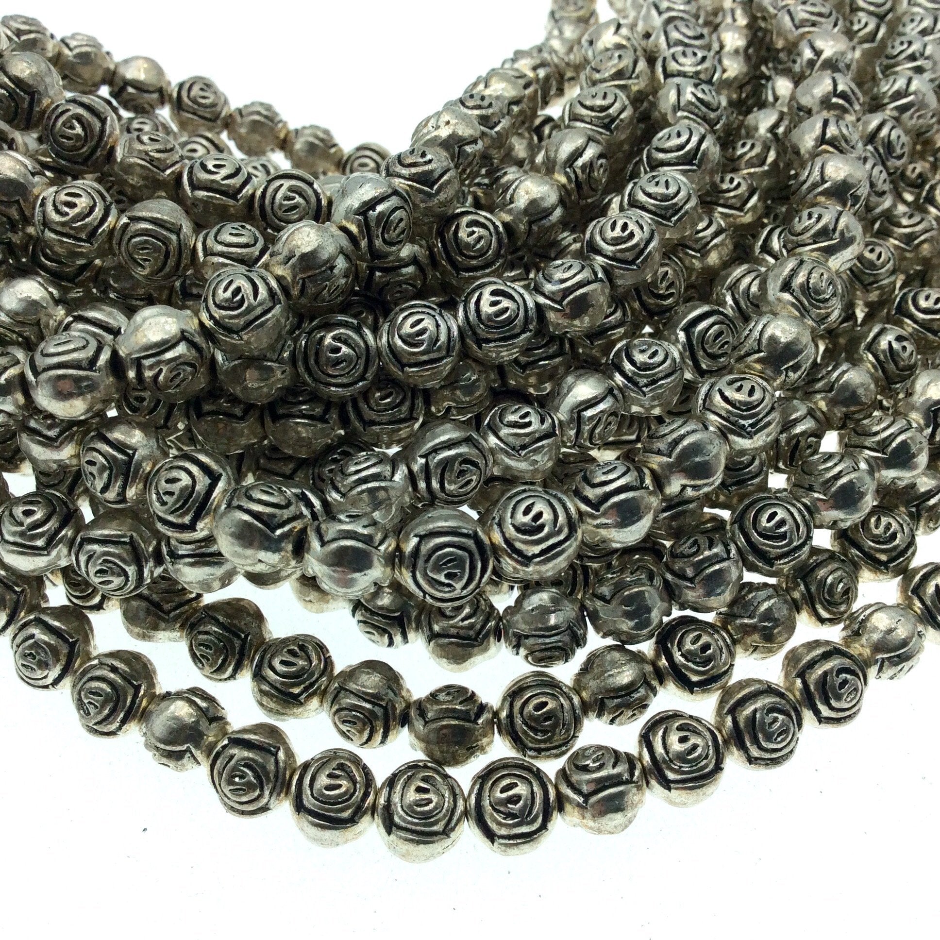 Silver Finish Embossed Swirl Flattened Round Pewter Beads - 7.5" Strand (Approx. 27 Beads) - Measuring 6mm x 7mm, Approx. - 2mm Hole Size