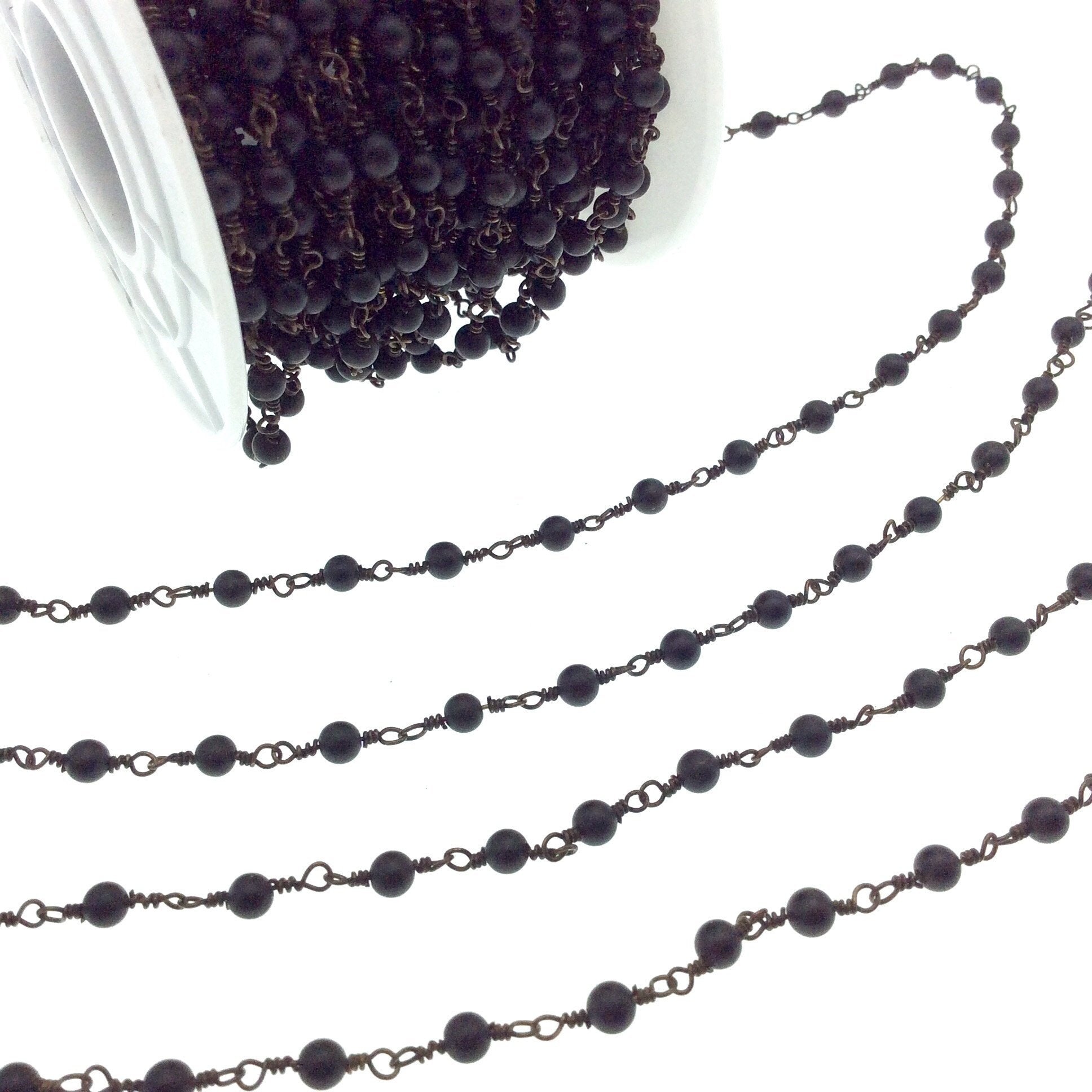 Antique Bronze Plated Copper Wrapped Rosary Chain with 3mm Matte Finish Black Agate Round Shaped Beads - Sold by the foot!