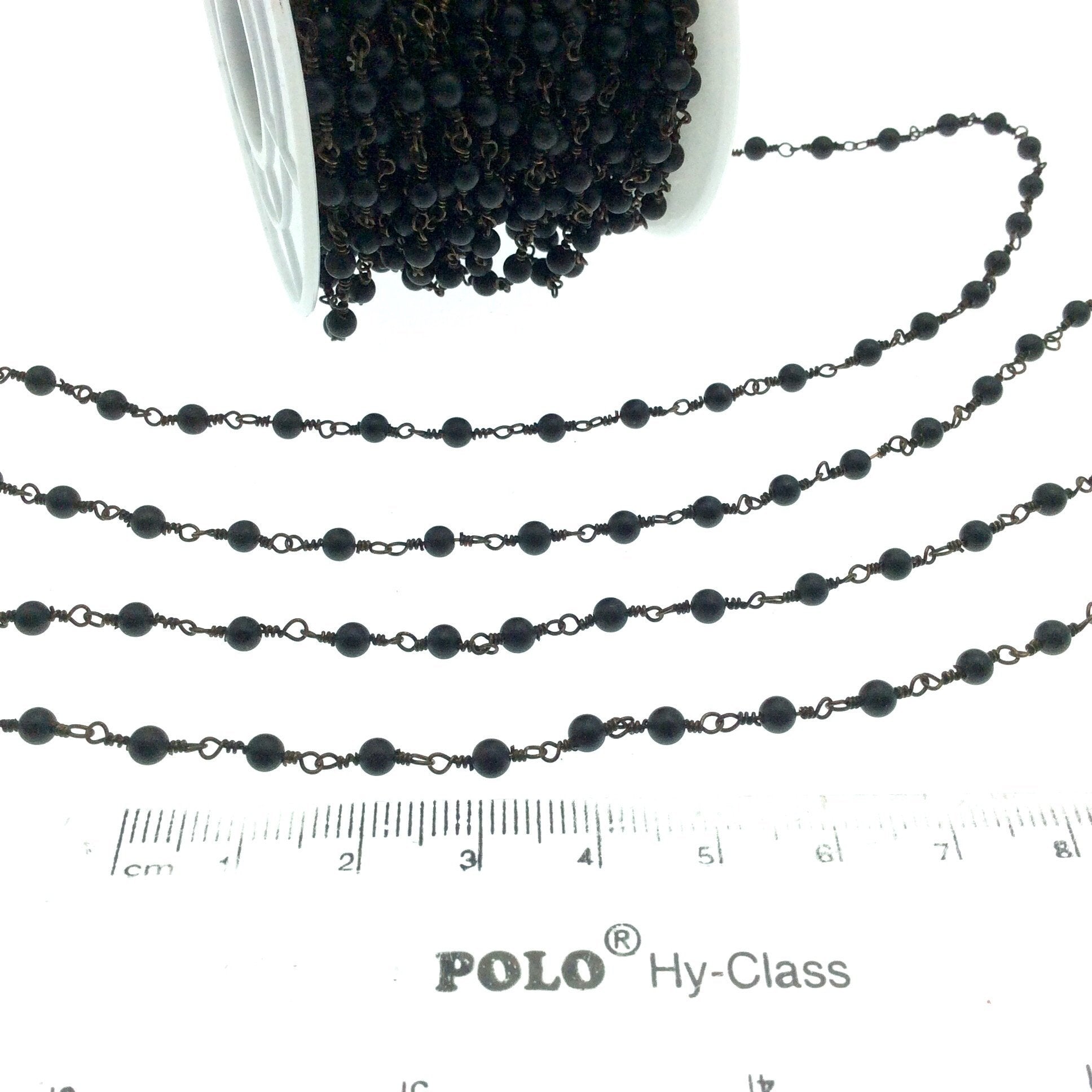 Antique Bronze Plated Copper Wrapped Rosary Chain with 3mm Matte Finish Black Agate Round Shaped Beads - Sold by the foot!