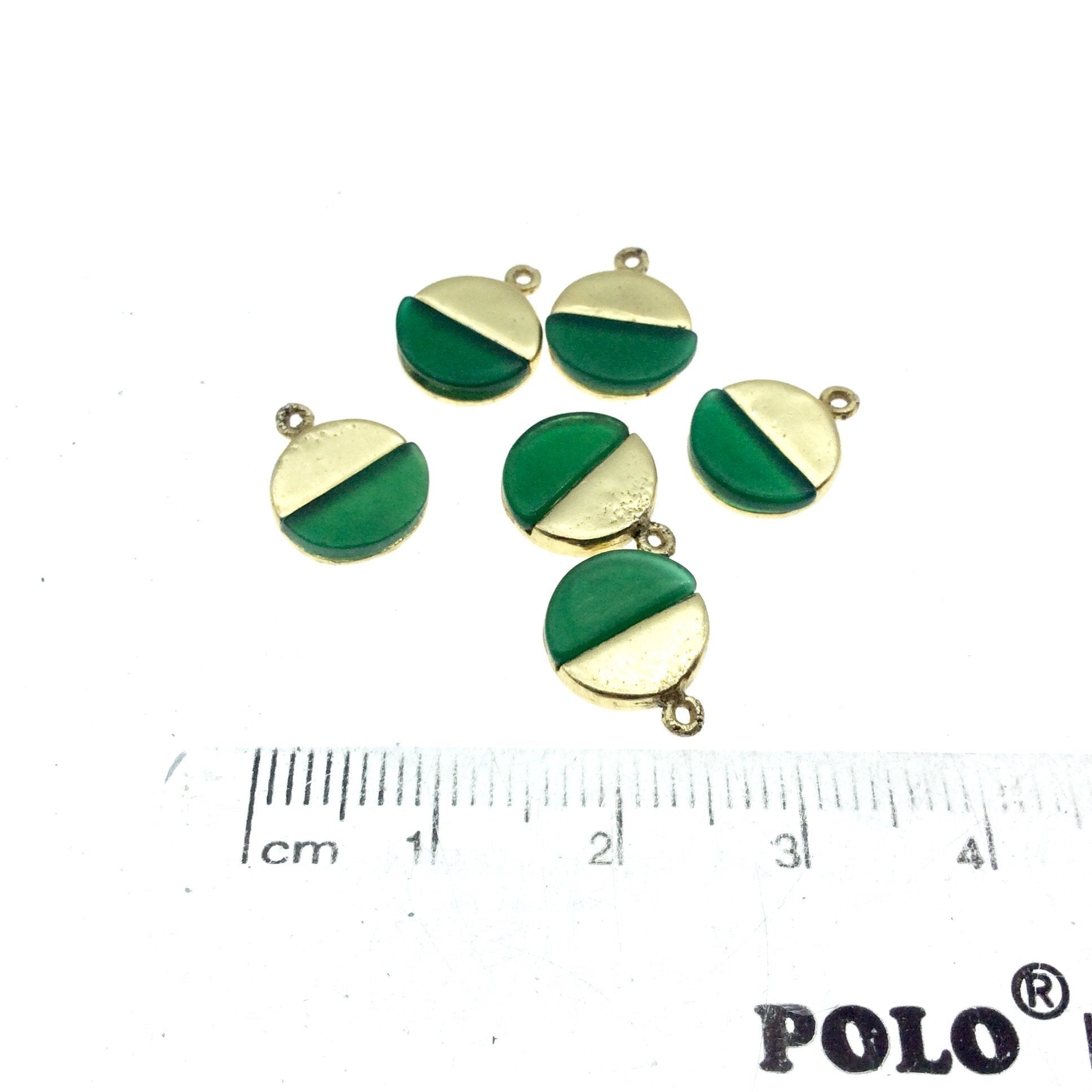 Tiny Gold Finish Round/Coin Shaped Semicircle Green Onyx Plated Copper Pendant Component - Measuring 9mm x 9mm  - Sold in Pack of Two