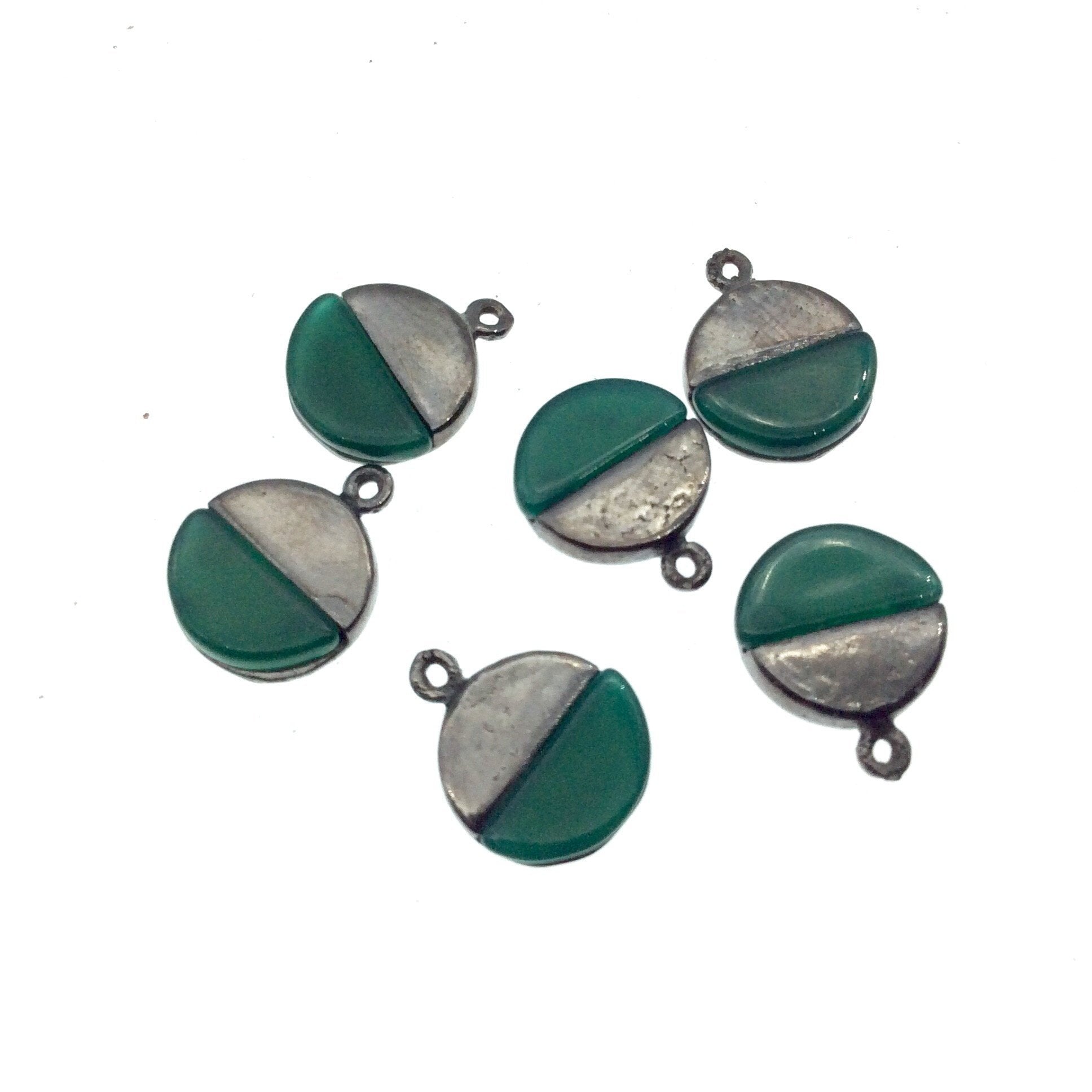 Tiny Gunmetal Finish Round/Coin Shaped Semicircle Green Onyx Plated Copper Pendant Component - Measuring 9mm x 9mm  - Sold in Pack of Two
